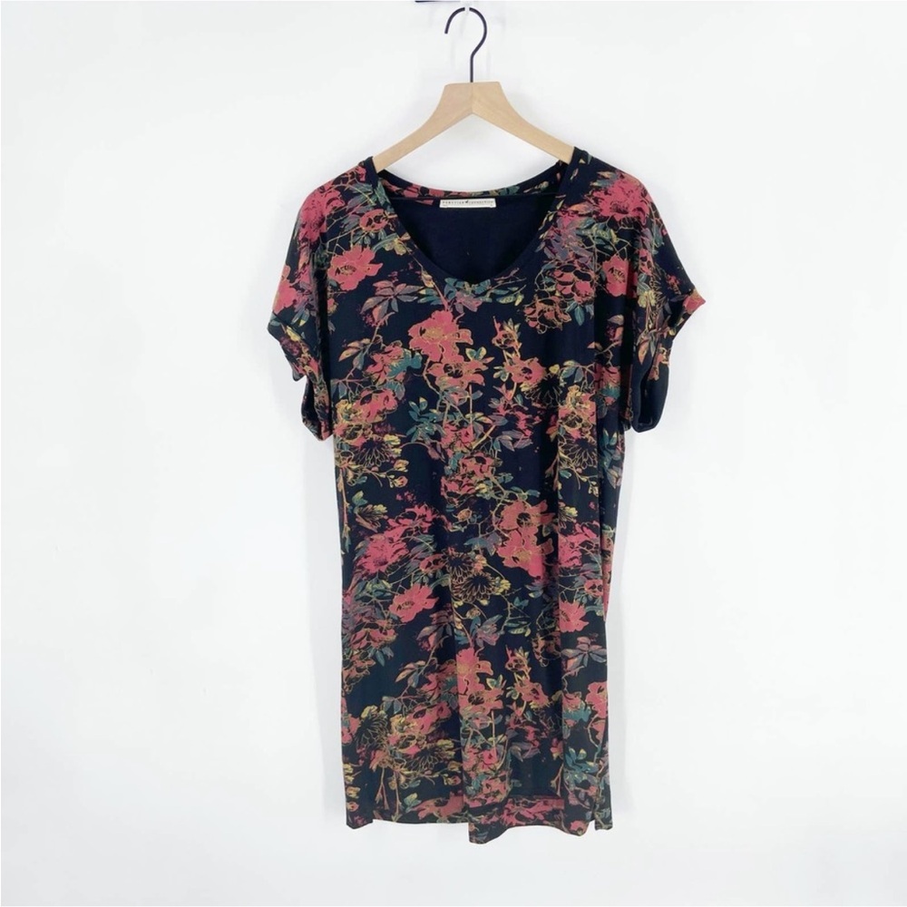 Peruvian Connection Black & Pink Floral Print Short Sleeve Tunic Size XL